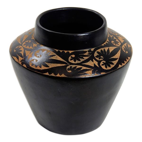 Alternate image for Leaf Motif Javanese Black Terracotta Ceramic Vase Midnight Forest