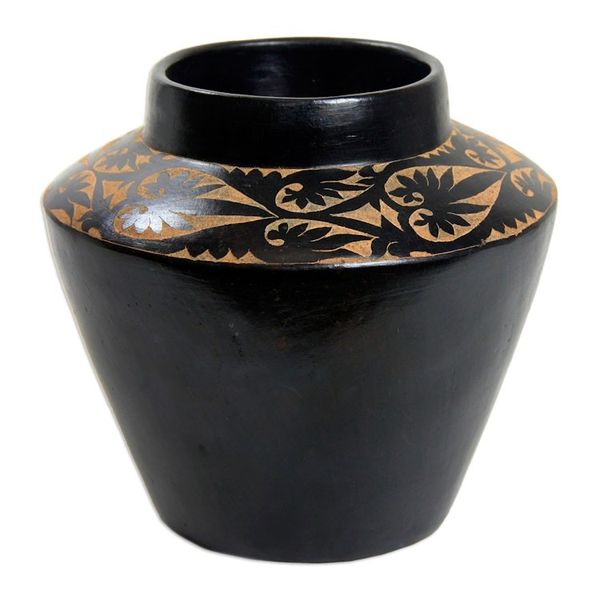 Alternate image for Leaf Motif Javanese Black Terracotta Ceramic Vase Midnight Forest