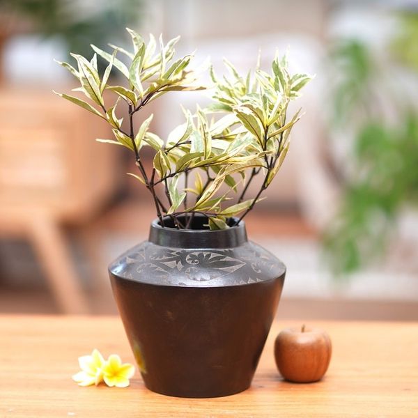 Alternate image for Leaf Motif Javanese Black Terracotta Ceramic Vase Midnight Forest