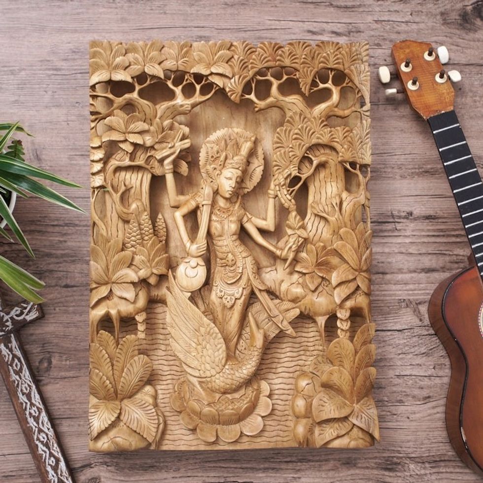 Balinese Hand Carved Relief Panel of the Goddess Saraswati 'Hindu Goddess Saraswati'