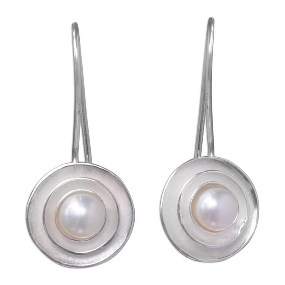 Unique Cultured Pearl and Silver Drop Earrings from Bali 'Lunar Halo'