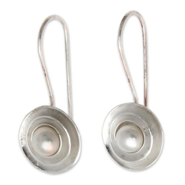 Alternate image for Unique Cultured Pearl and Silver Drop Earrings from Bali Lunar Halo