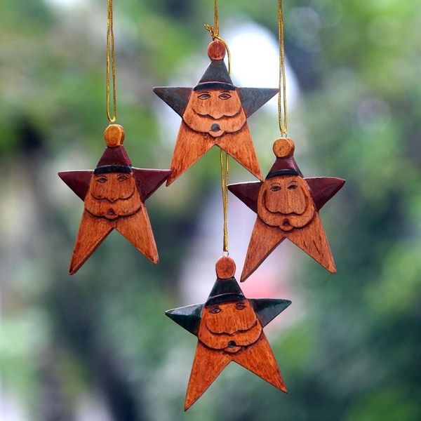 Alternate image for Santa Claus Star Ornaments in Maroon and Green Set of 4 Maroon Green Santa Stars