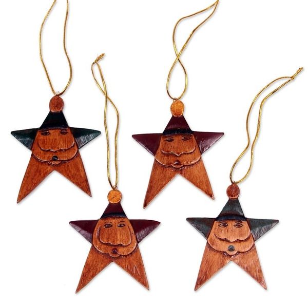 Alternate image for Santa Claus Star Ornaments in Maroon and Green Set of 4 Maroon Green Santa Stars