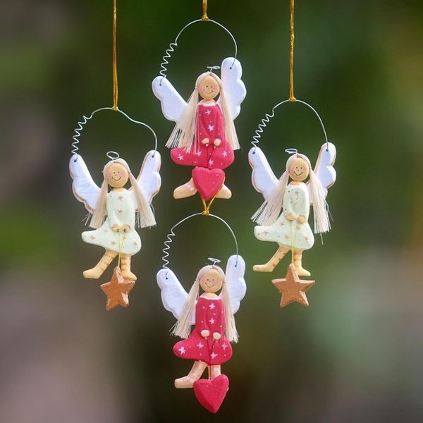 Alternate image for 4 Artisan Crafted Angel Ornaments with Hearts and Stars Angels of Love and Light