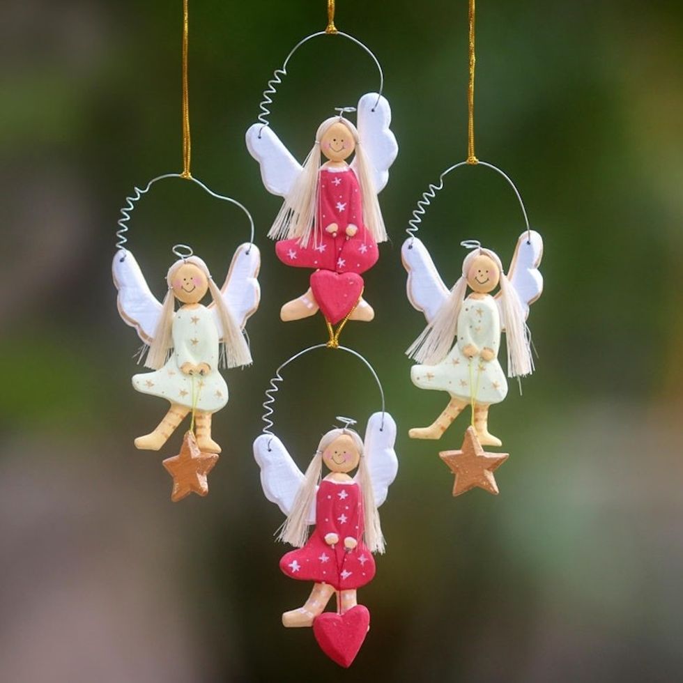 4 Artisan Crafted Angel Ornaments with Hearts and Stars 'Angels of Love and Light'