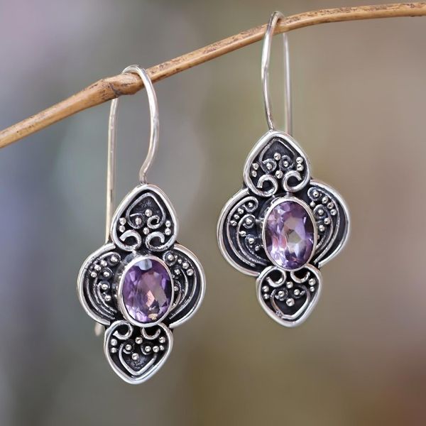Alternate image for Balinese Amethyst and Sterling Silver Dangle Earrings Purple Water Hyacinth