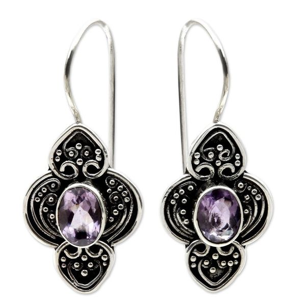 Alternate image for Balinese Amethyst and Sterling Silver Dangle Earrings Purple Water Hyacinth