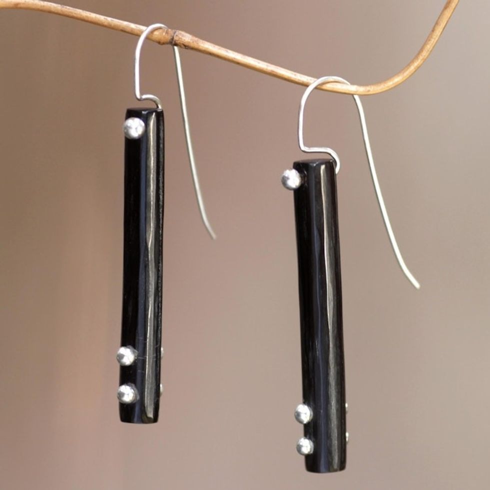 Hand Crafted Silver Accent Earrings with Water Buffalo Horn 'Benoa Moonlight'