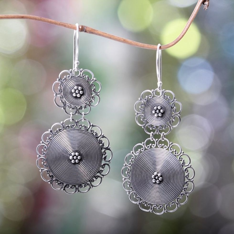 Ornate Sterling Silver Dangle Earrings Hand Made in Bali 'Florid Suns'