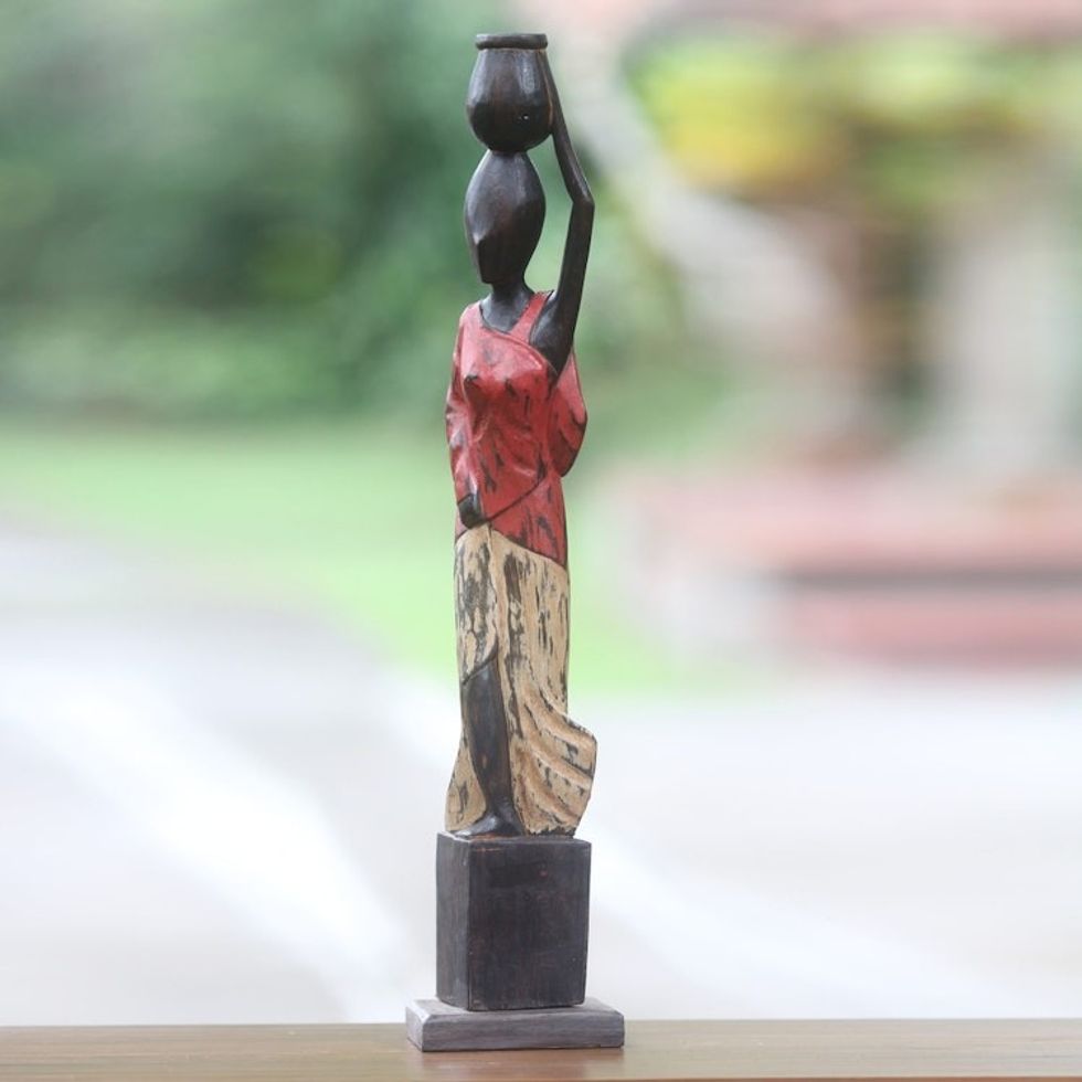 Artisan Handmade Wooden Figurine of Balinese Woman 'Back From River'
