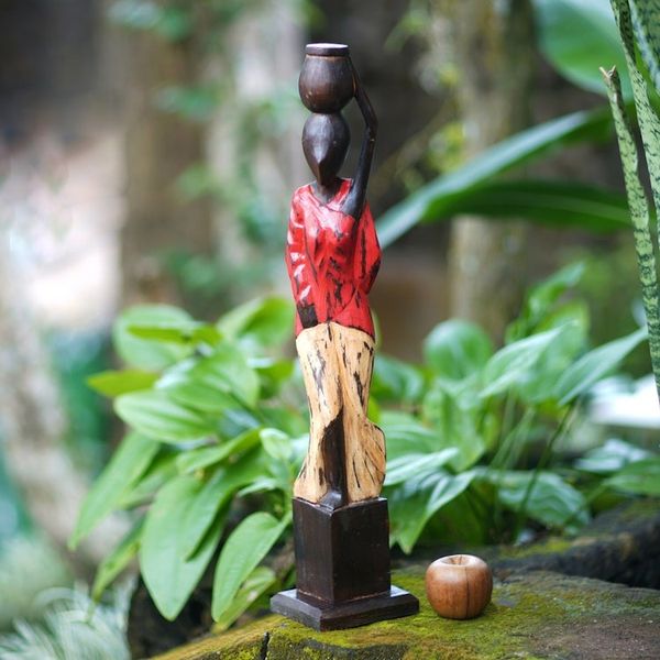 Alternate image for Artisan Handmade Wooden Figurine of Balinese Woman Back From River