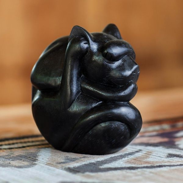 Alternate image for Artisan Crafted Wood Sculpture Black Yogi Cat