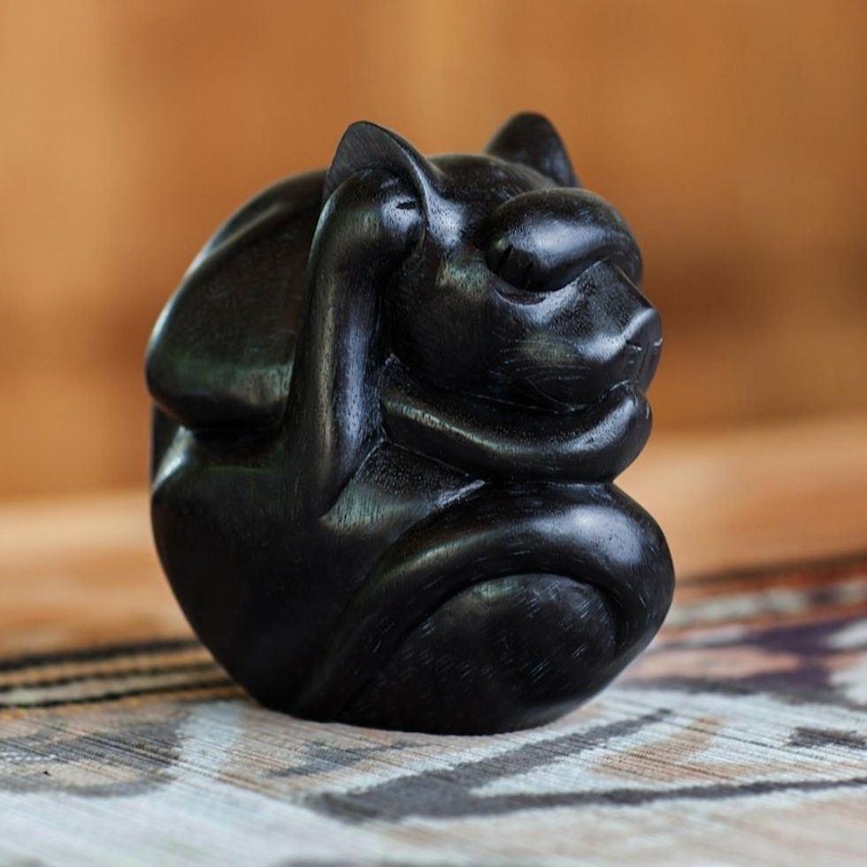 Artisan Crafted Wood Sculpture 'Black Yogi Cat'