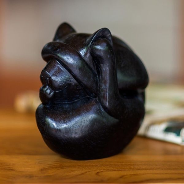 Alternate image for Artisan Crafted Wood Sculpture Black Yogi Cat