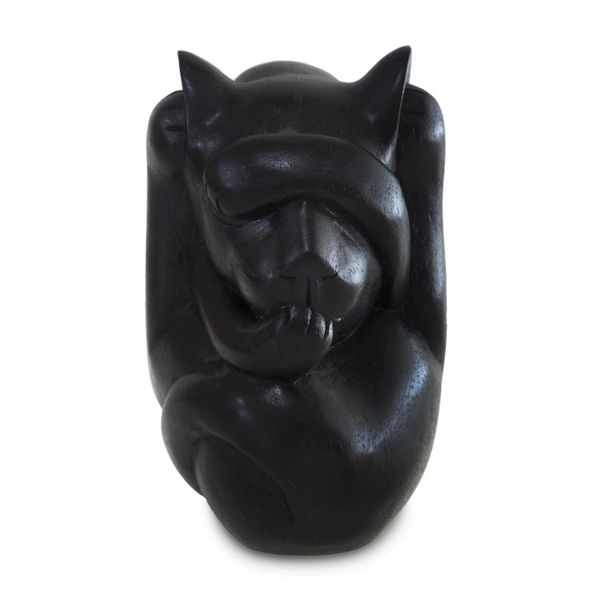 Alternate image for Artisan Crafted Wood Sculpture Black Yogi Cat