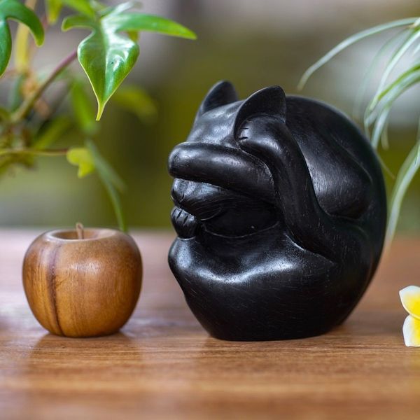 Alternate image for Artisan Crafted Wood Sculpture Black Yogi Cat