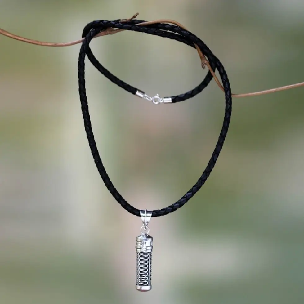 Silver Locket Necklace with Black Leather Cord 'Secret Path'