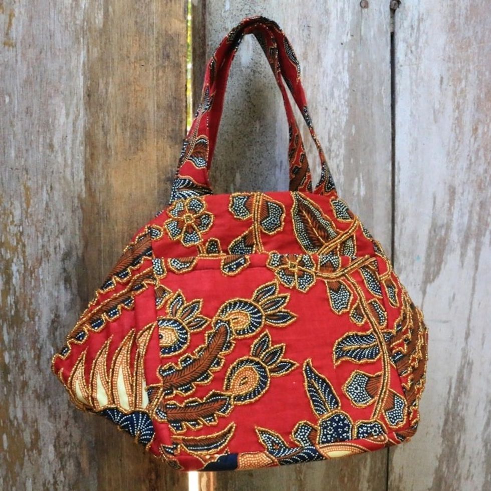Beaded Red Handbag with Hand Stamped Batik from Bali 'Red Peacock'
