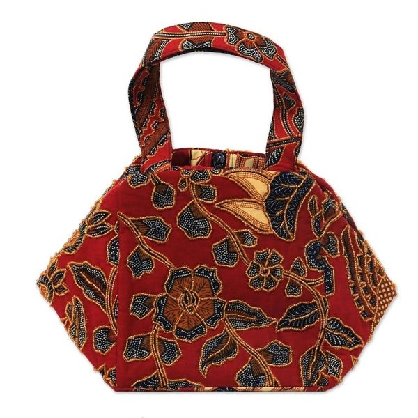 Alternate image for Beaded Red Handbag with Hand Stamped Batik from Bali Red Peacock