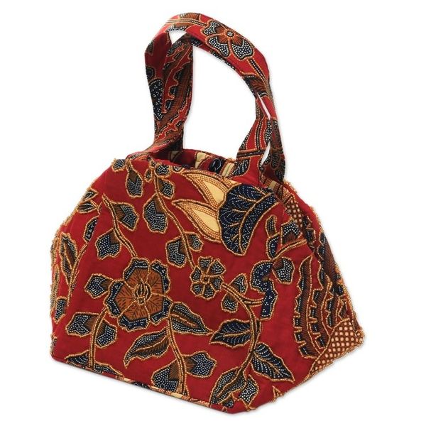 Alternate image for Beaded Red Handbag with Hand Stamped Batik from Bali Red Peacock