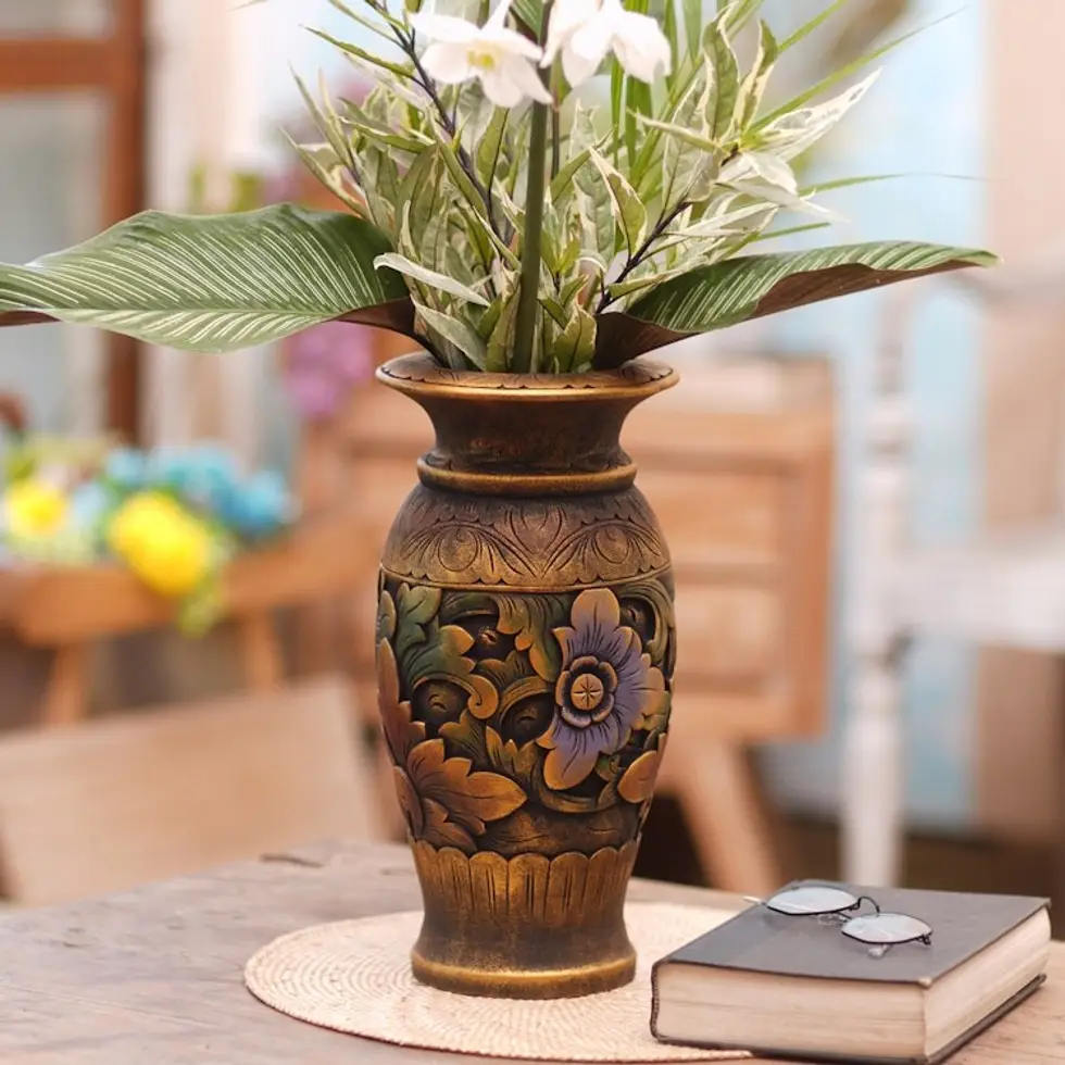Decorative Hand Carved Wood Vase with Floral Motif 'Mystic Garden'