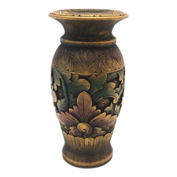 Alternate image for Decorative Hand Carved Wood Vase with Floral Motif Mystic Garden