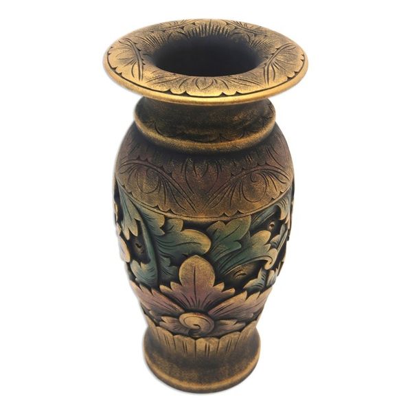 Alternate image for Decorative Hand Carved Wood Vase with Floral Motif Mystic Garden