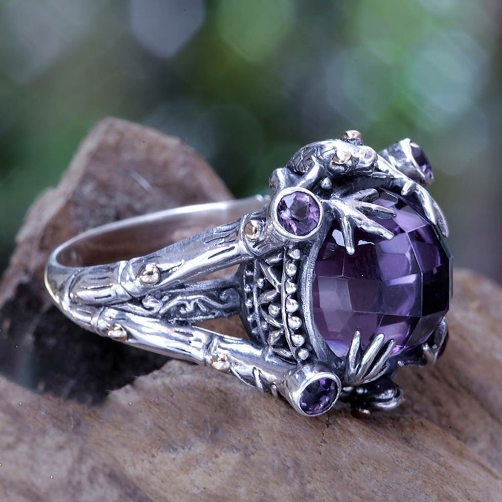 Amethyst Sterling Silver Ring with Gold Accents 'Tropical Frogs'