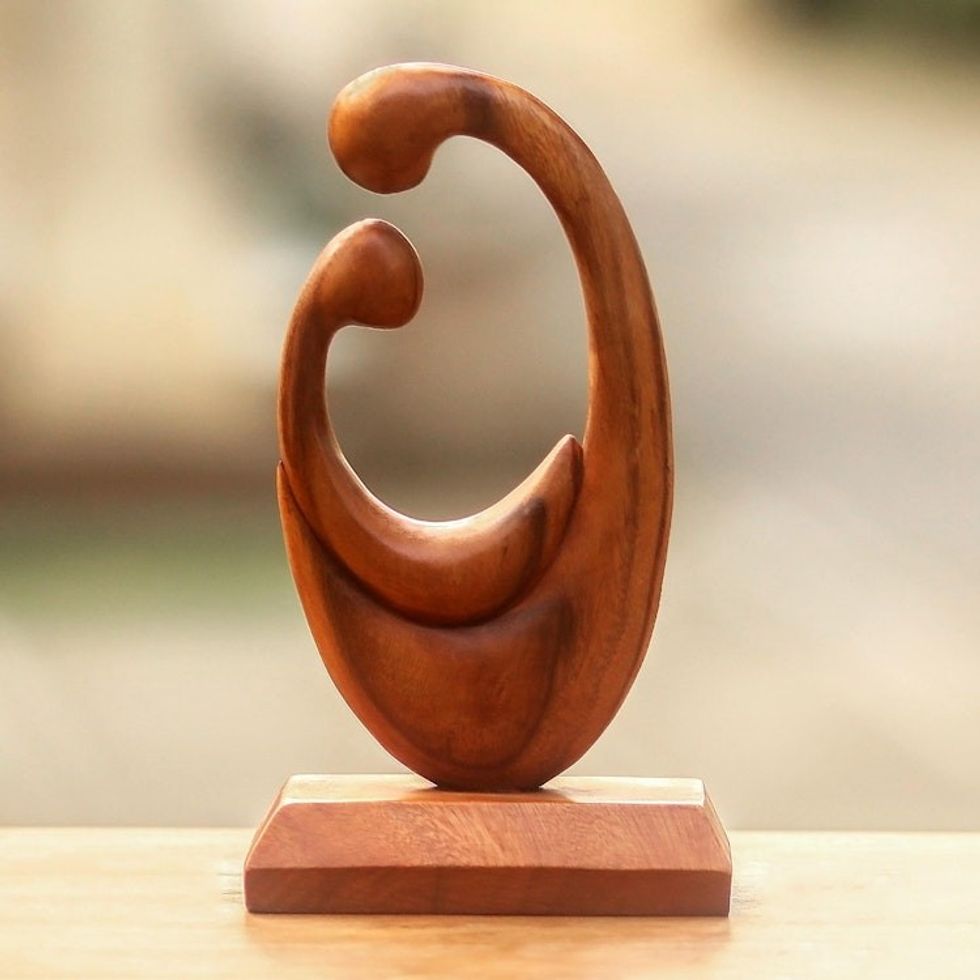 Signed Hand Carved Mother and Child Wood Sculpture from Bali 'Mother's Compassion'