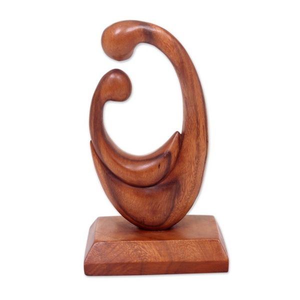 Alternate image for Signed Hand Carved Mother and Child Wood Sculpture from Bali Mothers Compassion