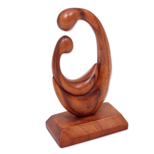 Alternate image for Signed Hand Carved Mother and Child Wood Sculpture from Bali Mothers Compassion