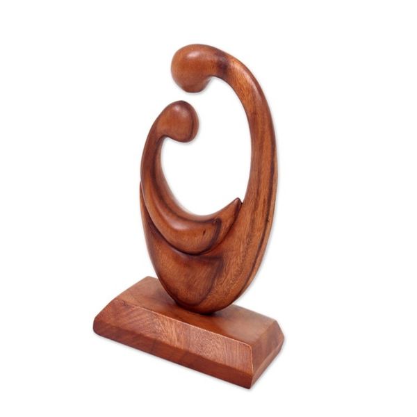 Alternate image for Signed Hand Carved Mother and Child Wood Sculpture from Bali Mothers Compassion