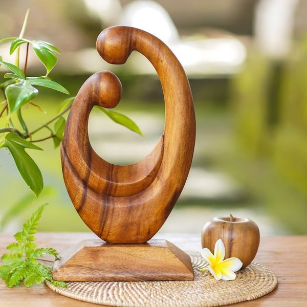 Alternate image for Signed Hand Carved Mother and Child Wood Sculpture from Bali Mothers Compassion