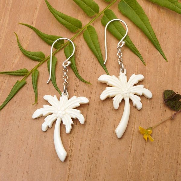 Alternate image for Palm Tree Earrings on 925 Silver Hooks Crafted by Hand Bali Palm Trees