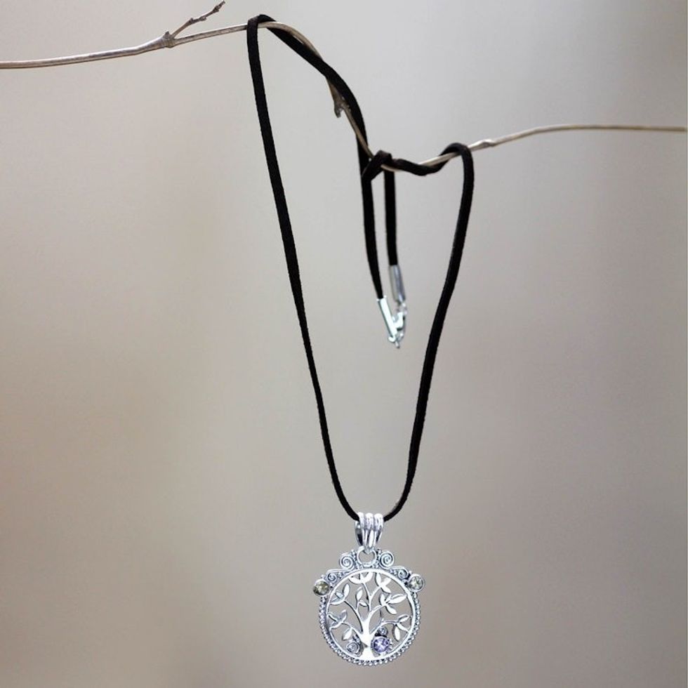 Bali Handcrafted Silver Necklace with Citrine and Amethyst 'Tree in Paradise'
