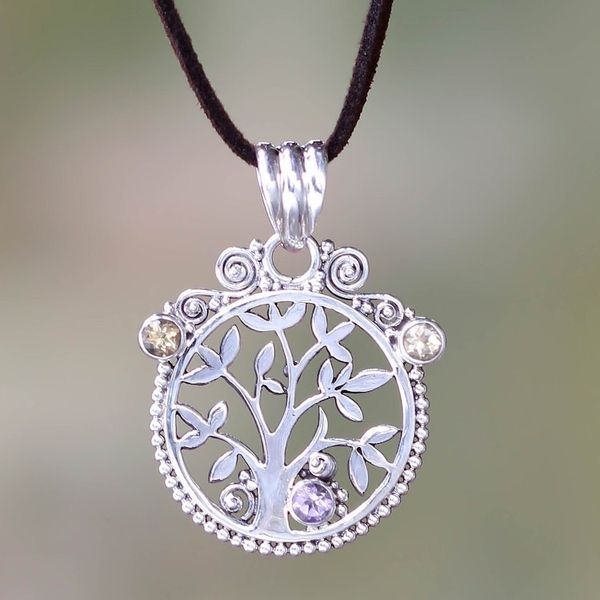 Alternate image for Bali Handcrafted Silver Necklace with Citrine and Amethyst Tree in Paradise