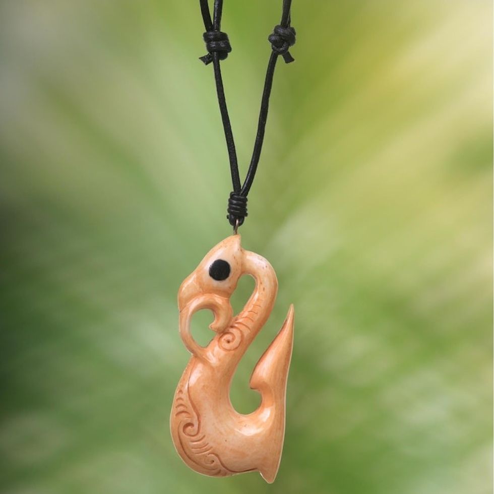 Abstract Bone Pendant Necklace with Leather Cord from Bali 'Rippled'