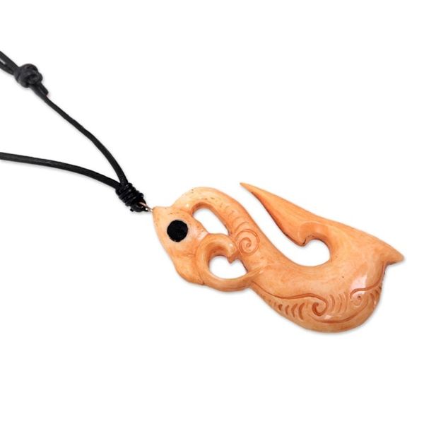 Alternate image for Abstract Bone Pendant Necklace with Leather Cord from Bali Rippled