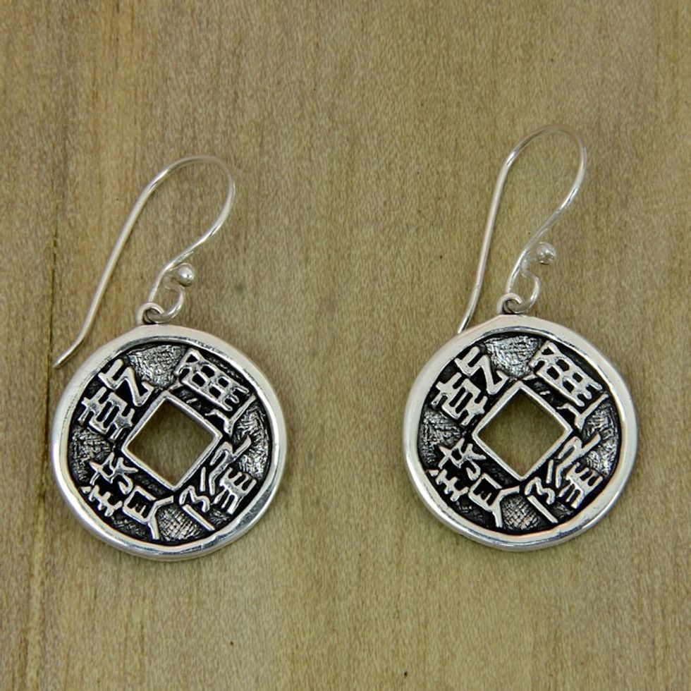 Chinese Coin Motif Sterling Silver Dangle Earrings 'Magical Coins'