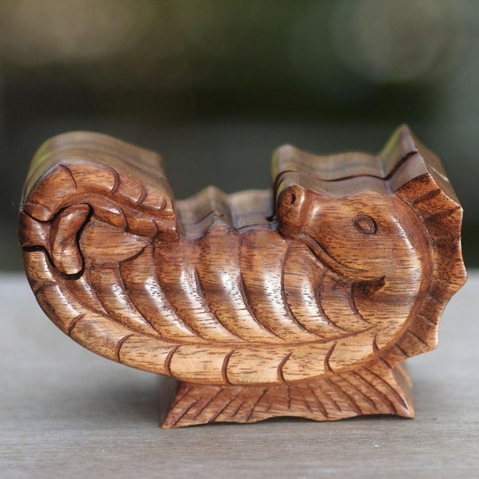 Hand Carved Balinese Wood Puzzle Box 'Balinese Seahorse'
