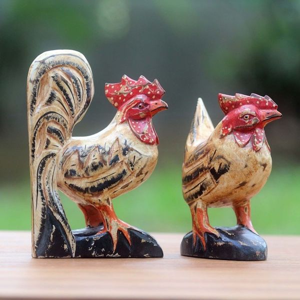 Alternate image for Hand Carved Wood Chicken Sculptures in Beige Pair Chicken Couple in Beige