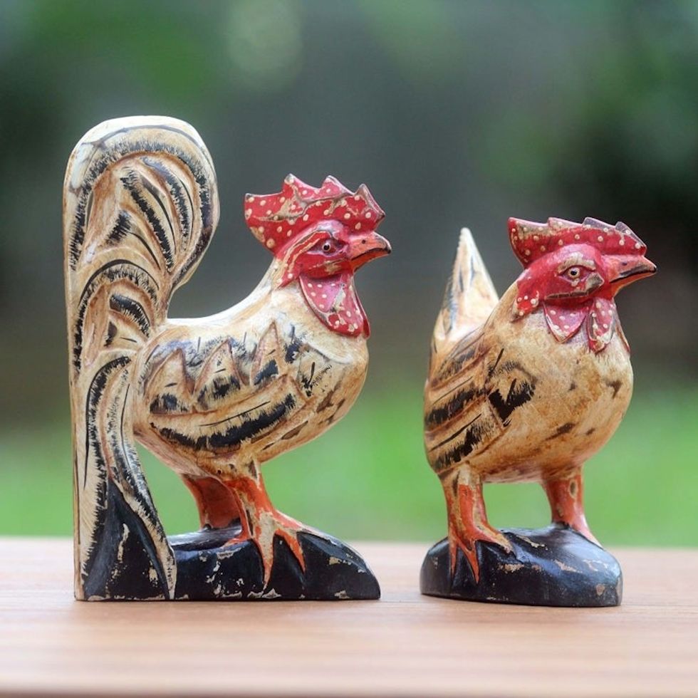 Hand Carved Wood Chicken Sculptures in Beige Pair 'Chicken Couple in Beige'