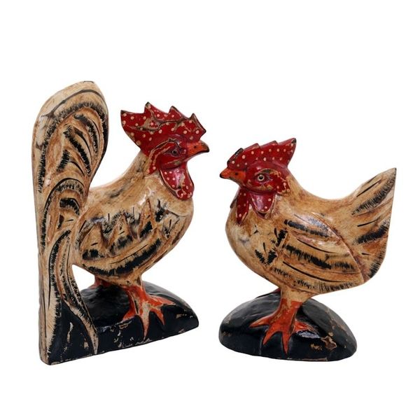 Alternate image for Hand Carved Wood Chicken Sculptures in Beige Pair Chicken Couple in Beige