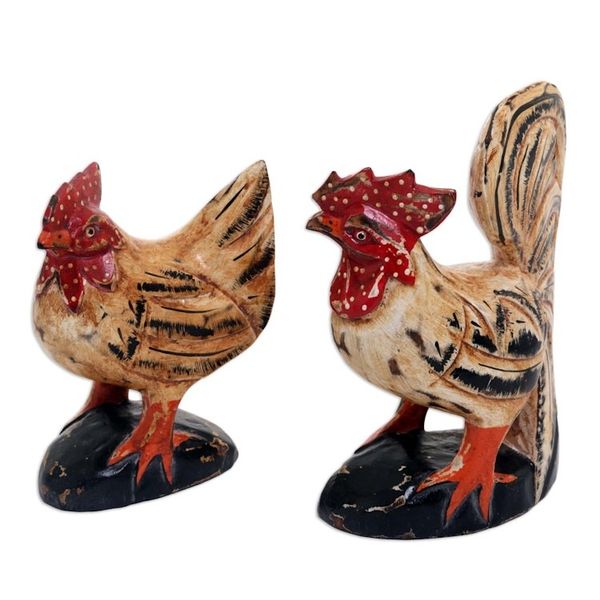Alternate image for Hand Carved Wood Chicken Sculptures in Beige Pair Chicken Couple in Beige