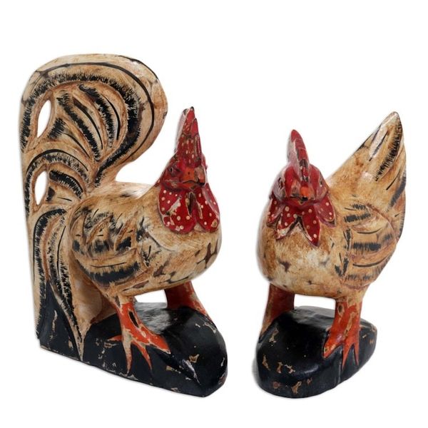 Alternate image for Hand Carved Wood Chicken Sculptures in Beige Pair Chicken Couple in Beige