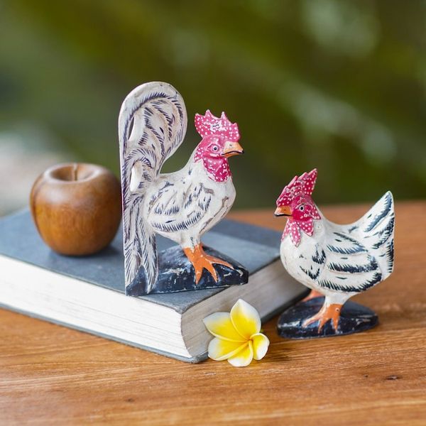 Alternate image for Hand Carved Wood Chicken Sculptures in Beige Pair Chicken Couple in Beige