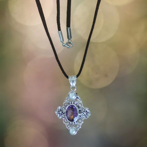 Alternate image for Handcrafted Floral Pearl and Amethyst Silver Necklace Frangipani Queen