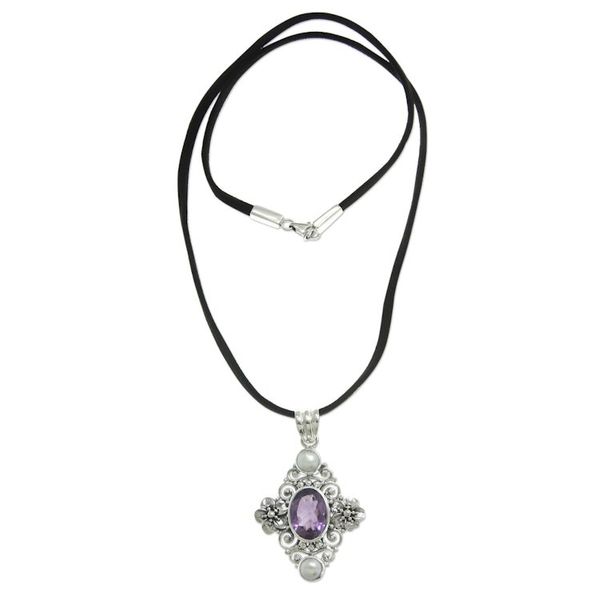 Alternate image for Handcrafted Floral Pearl and Amethyst Silver Necklace Frangipani Queen