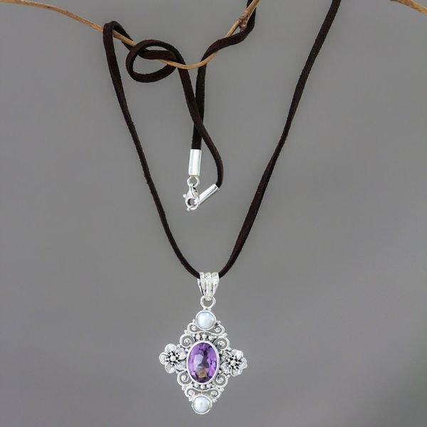 Alternate image for Handcrafted Floral Pearl and Amethyst Silver Necklace Frangipani Queen